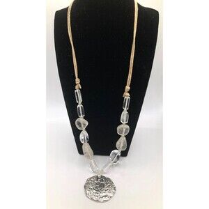 Hammered Embossed Silver Tone Pendant w/ Glass Stone 22" Cord Statement Necklace